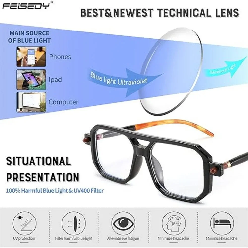 Feisedy Womens Black Vintage Square Blue Light Blocking +2.5 Reading Glasses